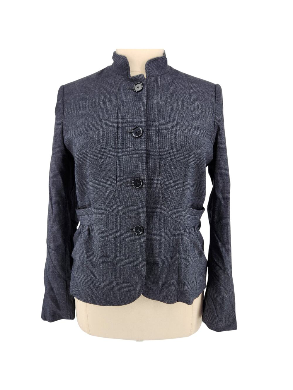 Loft Glen Check Blazer Gray Size 14 Mandarin Collar Peplum Back